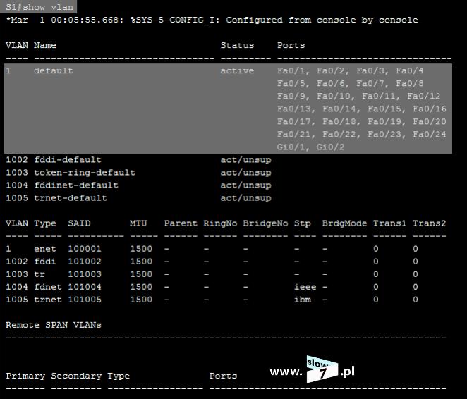 4 (Pobrane z slow7.pl) Dodatkowo po wydaniu polecenia uzyskamy informację o nazwie sieci VLAN (jeśli takowa została ustalona) oraz o jej statusie.