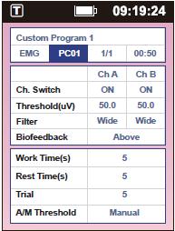 12 Powyższe parametry mogą być zapisane w pamięci jako dwa programy do wyboru: PC01 i PC02. Uwaga! 1. W trybie zabiegowym (Therapy Mode), możesz zmieniać wszystkie ustawienia EMG Biofeedback. 2.