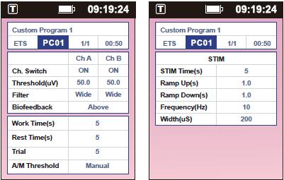 10.1. Parametry ETS 17 Czas trwania programu Maksymalnie 99 minut Threshold ( V) - próg 0.6-2000 V. Podczas okresu pracy (skurczu), pacjent powinien wykonać skurcz powyżej ustalonego progu.