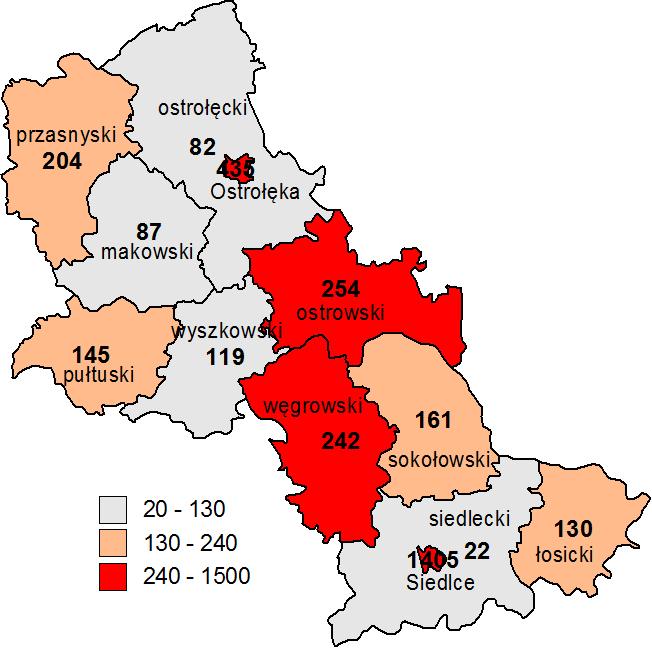 Rysunek 3.27. Liczba etatów nauczycieli na szczeblu ponadgimnazjalnym w podregionie ostrołęckosiedleckim w 2009 roku Rysunek 3.28.