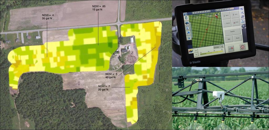 Normalized Difference Vegetation Index (NDVI) levels are read by GreenSeeker infrared sensors to help determine crop needs in the field Variable Rate Technology (VRT) is used to administer