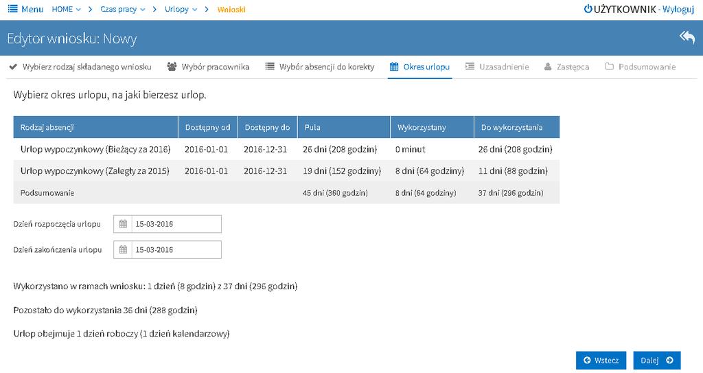 Krok 4 Wybór okresu urlopu W tym kroku system pozwala na zmianę terminu urlopu. Dokonujemy tego wybierając nowe daty we wniosku. Naciskamy przycisk Dalej.