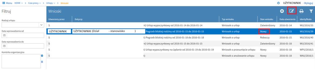 Przechodzimy w okno podglądu wniosku, w którym na belce po prawej stronie widoczna jest ikona. Po jej naciśnięciu wyświetla się okno Potwierdź rezygnację.