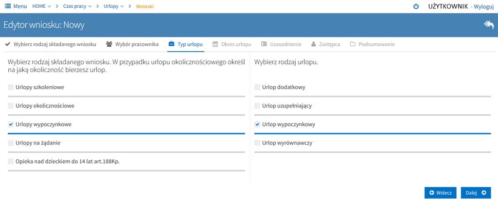 Dokonujemy wyboru o jaki rodzaj urlopu wnioskujemy. Jeden wniosek może dotyczyć tylko jednego rodzaju urlopu. W tym przypadku zaznaczamy Urlop wypoczynkowy. Naciskamy przycisk Dalej.