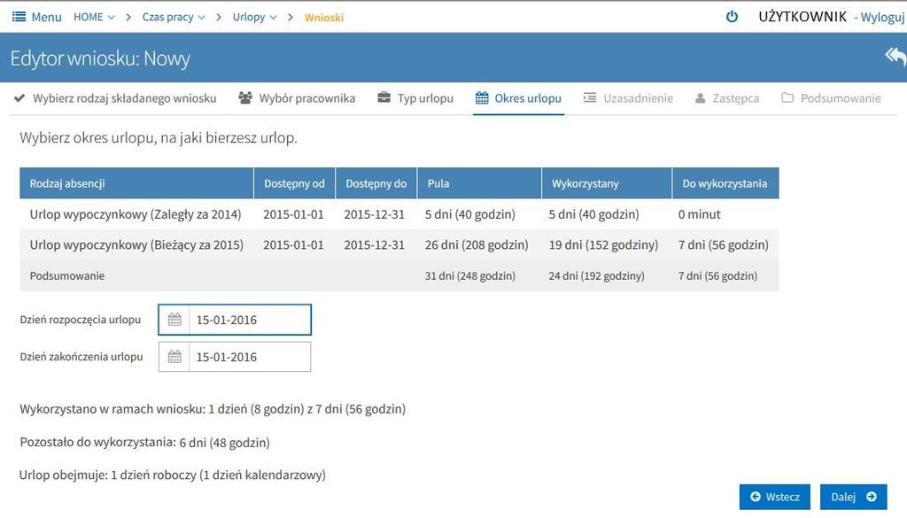 Zakładka ta zawiera dane dotyczące aktualnego bilansu urlopowego danego pracownika.