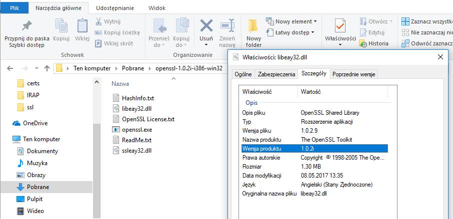 Polityka bezpieczeństwa w Rys. 10 Zrzut ekranu z katalogu roboczego w którym znajdują się biblioteki OpenSSL Plik openssl.exe w proponowanej kompilacji, jest programem wykonywalnym.