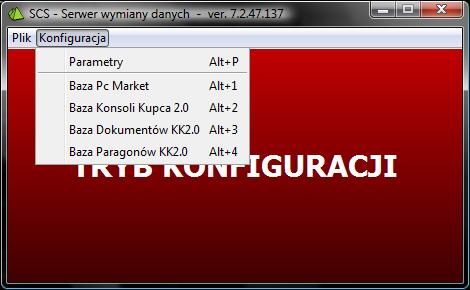 - 23 - Po zapisaniu konfiguracji musimy zdefiniować połączenie z bazą centrali Otwieramy menu: Konfiguracja -> Baza Pc
