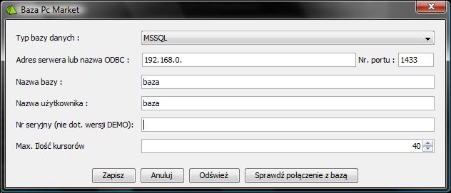komputera na którym zainstalowana jest baza Nr portu: numer portu silnika bazy danych Nazwa bazy: nazwa bazy Nazwa