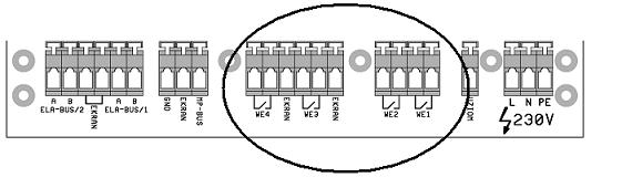 Aby połączyć magistrale ELA-BUS ze modułyem należy przewlec kable magistral (do każdego modułu musza dochodzić dwa kable) przez dławice numer 1 i 2 (kable muszą wchodzić do obudowy oddzielnie) a