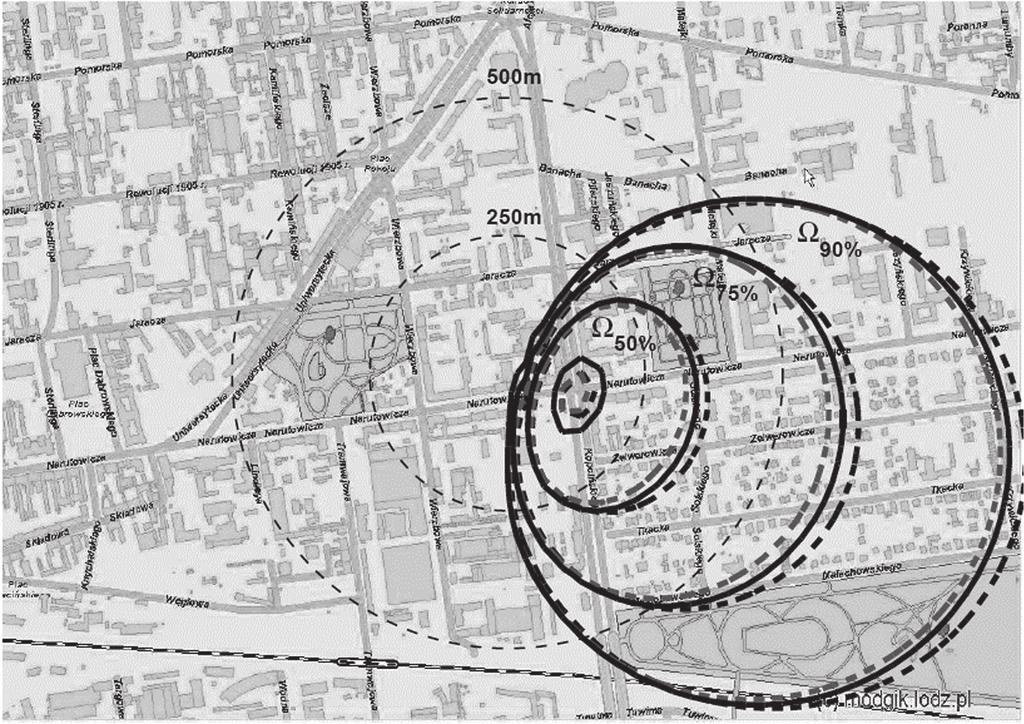 16 PRACE GEOGRAFICZNE, ZESZYT 122 Ryc. 2. Obszary źródłowe na poziomach P=25%, 50%, 75% i 90% strumieni turbulencyjnych mierzonych na posterunku pomiarowym przy ul. Narutowicza 88 w Łodzi 21.08.