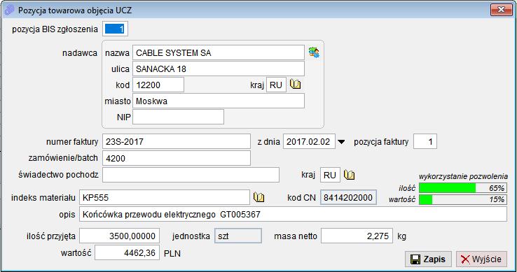 Indeks materiału z pola indeks pozycji fakturowej. Kod CN i jednostka są odczytywane z indeksu towarowego na podstawie indeksu materiału.
