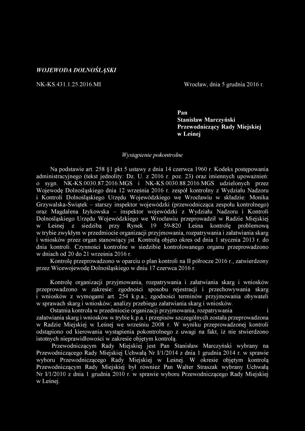 2016.MGS udzielonych przez Wojewodę Dolnośląskiego dnia 12 września 2016 r.