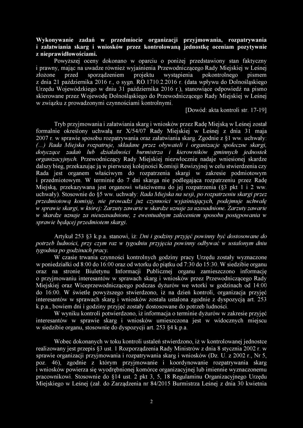 wystąpienia pokontrolnego pismem z dnia 21 października 2016 r., o sygn. RO.1710.2.2016 r. (data wpływu do Dolnośląskiego Urzędu Wojewódzkiego w dniu 31 października 2016 r.