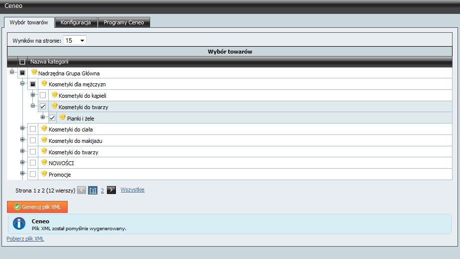 5 Wysłanie towarów Wysłanie towarów do serwisu Ceneo odbywa się za pomocą pliku XML. Adres dla generowanych plików XML znajduje się w zakładce Konfiguracja. W celu wygenerowania pliku należy: 1.