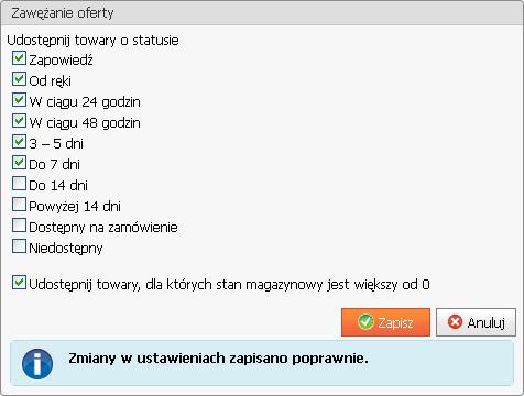 Zmiany zapisz klikając na przycisk Uwaga: Dostępność towarów nie jest wymagana, aby poprawnie wygenerować plik XML do porównywarki. Statusy dostępności towarów są pobierane z systemu ERP.