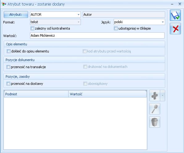 Przykład Wybrany rodzaj sklepu - Książki, jeden z wymaganych atrybutów to Autor. Należy zdefiniować atrybut w formacie tekst o nazwie Autor.