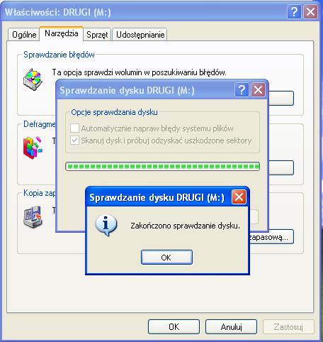 Pojawi się okno " Sprawdzanie dysku zakończono".