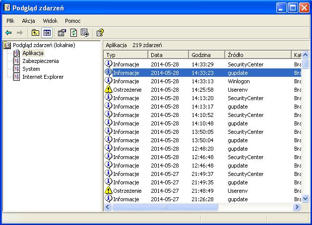 Krok 3 Zaloguj się w systemie Windows jako administrator. Start> Panel sterowania> Narzędzia administracyjne> Podgląd zdarzeń>w lewym panelu wybierz Aplikacje.