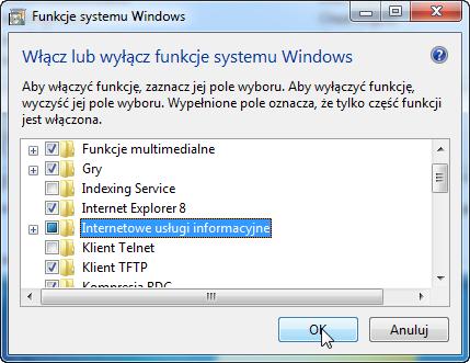 Krok 7 Pojawi się okno "Funkcje systemu Windows". Zaznacz opcję Internetowe usługi informacyjne, a następnie kliknij OK.