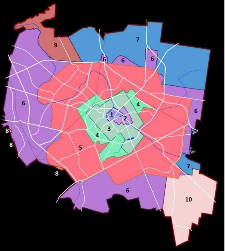 Ryc. 35: Rozwój przestrzenny Białegostoku w latach 1692-2006. Obszary wchodzące w obręb miasta: 1 1692 r., 2 1749 r., 3 1845 r., 4 1877 r., 5 1919 r., 6 1954 r., 7 1973 r., 8 1980-1981 r., 9 2002 r.