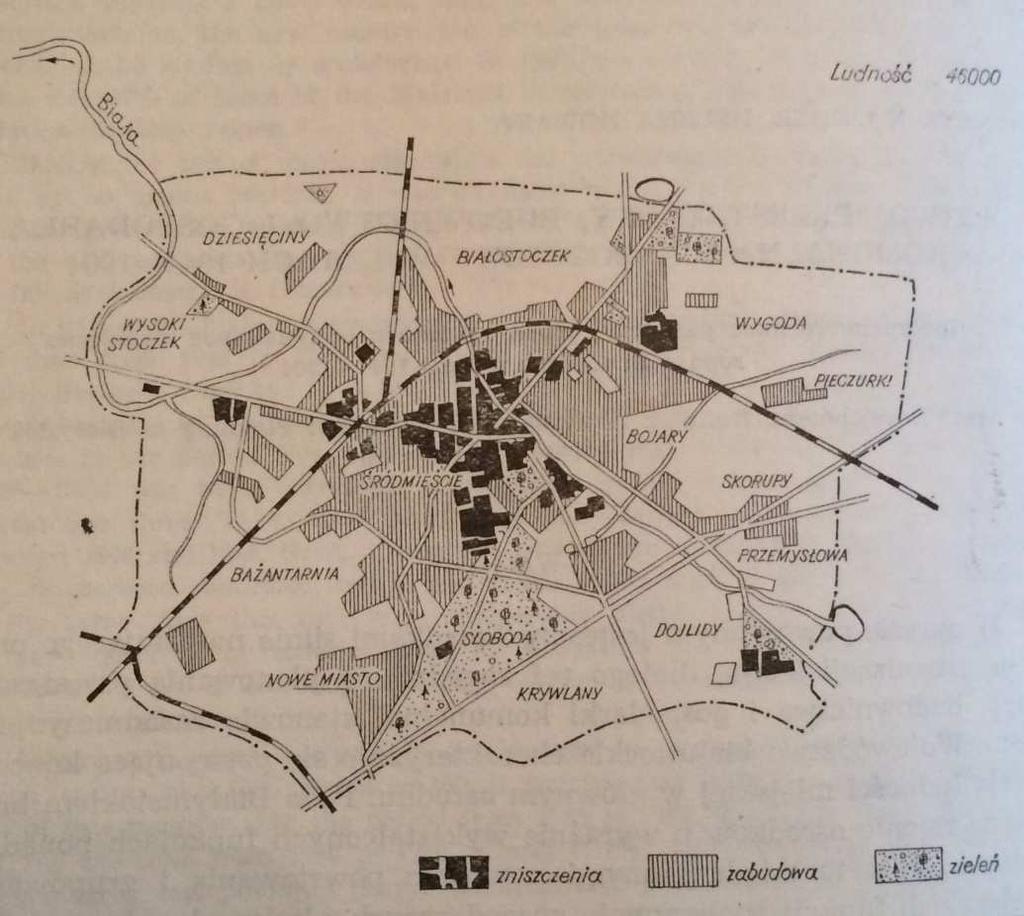 Ryc. 11: Zniszczenia zabudowy Białegostoku podczas II wojny światowej (źródło: H. Majcher, H. Nowara 1970). Nad zrujnowanym i wypalonym centrum górowały wieże białostockiej katedry, kościoła św.