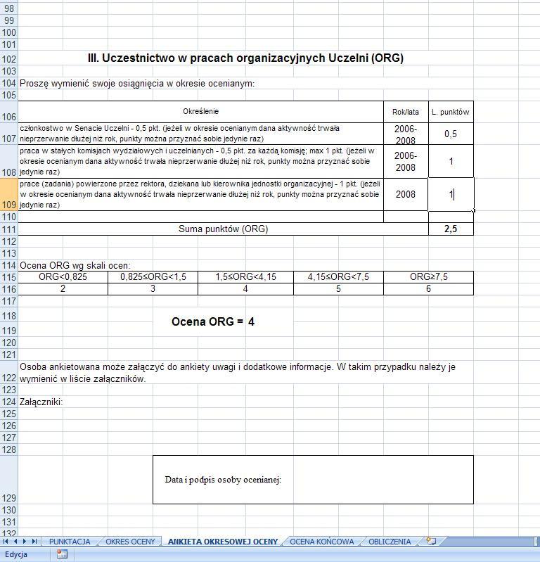 6. Część III. Uczestnictwo w pracach organizacyjnych Uczelni (ORG) wypełnia się podobnie jak dwie poprzednie części Ankiety, z jednym wyjątkiem.