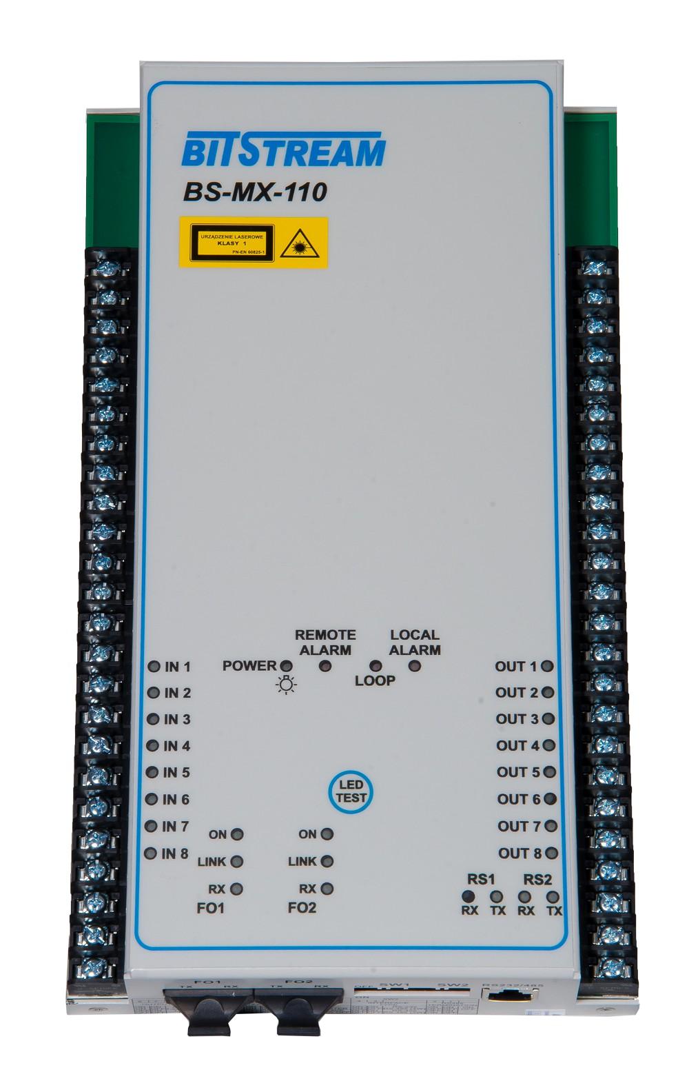 Światłowodowy multiplekser interfejsów 8x I/O oraz 1/2x RS232/422/485 Transmisja po światłowodzie stanów z 8 wejść na 8 wyjść analogowych NO/NC Parametryzacja wyzwolenia wejść od 12V do 250V