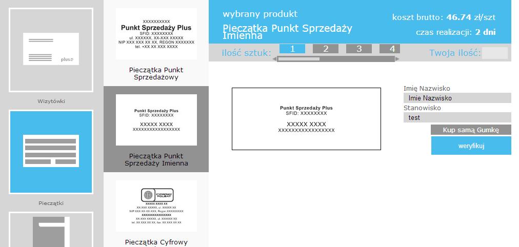 Pieczątka Punktu Sprzedaży Imienna 1. Wybierajac pieczątki Punktu sprzedaży imienna uruchamiamy moduł weryfikacji jej ogólnego wzoru oraz edycji danych, które się na niej znajdą. 2.