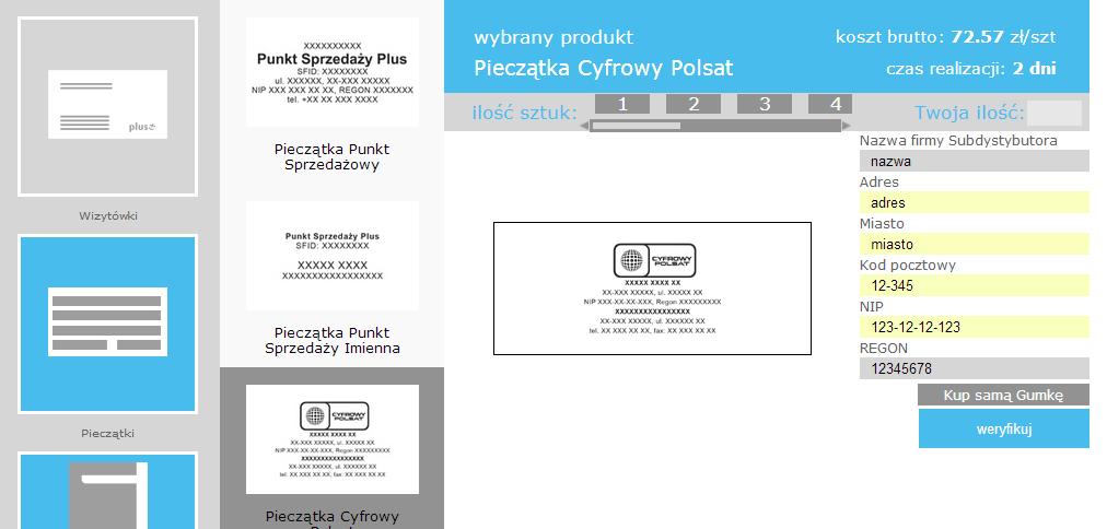 Pieczątka Cyfrowy Polsat 1. Wybierąjac pieczątki Cyfrowy Polsat uruchamiamy moduł weryfikacji jej ogólnego wzoru oraz edycji danych, które się na niej znajdą. 2.