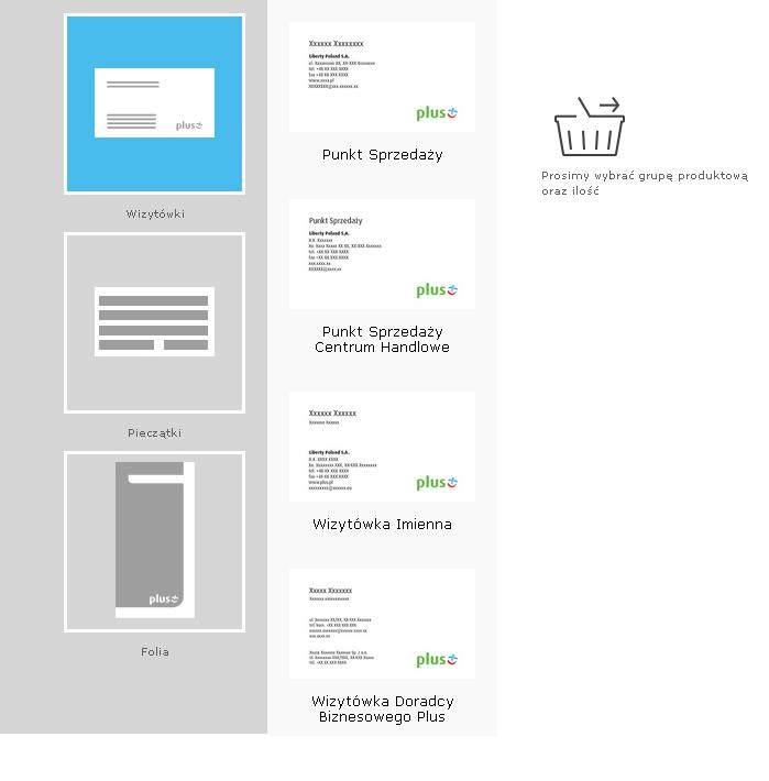 Wizytówki 1. Po kliknieciu w obrazek grupy produktowej Wizytówki uruchamia sie moduł wyboru rodzaju produktu.