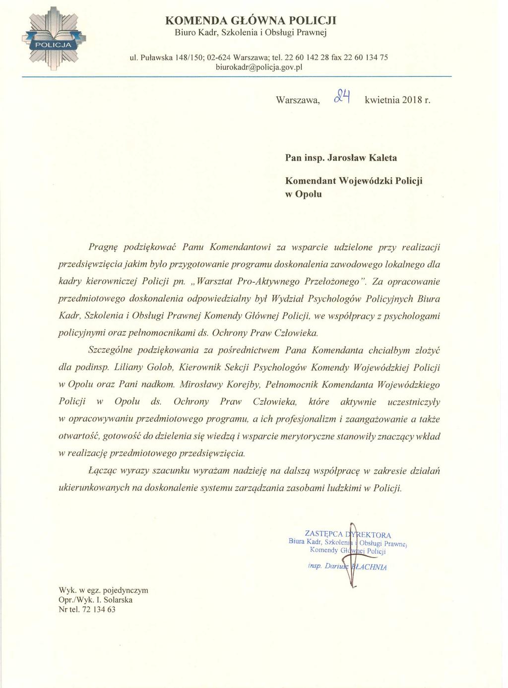 Podziękowanie dla Komendy Wojewódzkiej Policji w Opolu za udział w konferencji pt. Festiwal kariery. Z talentem w przyszłość.