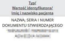 Nagłówek kolumny: Typ/ Wartość identyfikatora/ Imię i nazwisko pacjenta Prezentowane dane: Nazwa, seria i numer dokumentu stwierdzającego