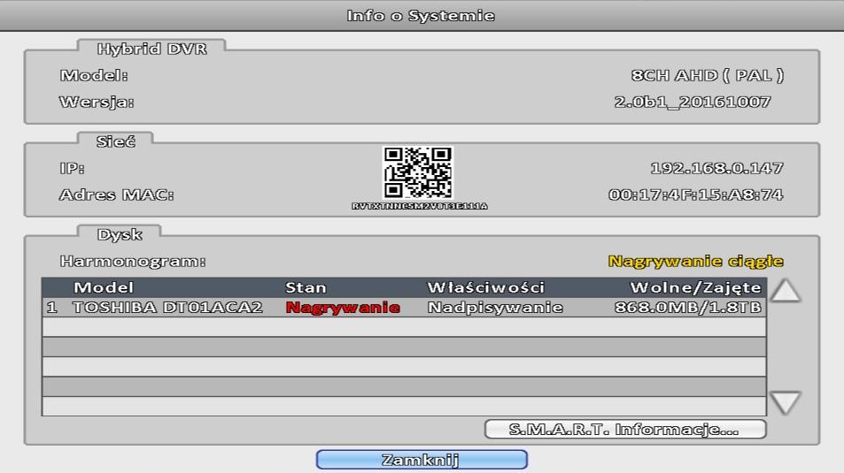 Rys. 29. Informacje o systemie Kod QR zawarty w tym menu wymagany jest do działania funkcji P2P. W aplikacjach CMS oraz iwatchdvr należy wpisać WIELKIMI LITERAMI kod literowo-cyfrowy.
