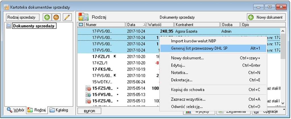 Uruchomienie dodatku - sprzeda W kartotece Sprzeda nale y zaznaczy pozycje, które maj by wyeksportowane.