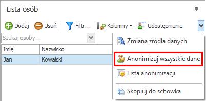 Wyjątek: anonimizacja uruchamiana z okna Osoby nie obejmuje: deklaracji ZUS i deklaracji podatkowych w Repozytorium Dokumentów, danych kontaktów w Contact Manager modułu Handel, danych w e-teczce