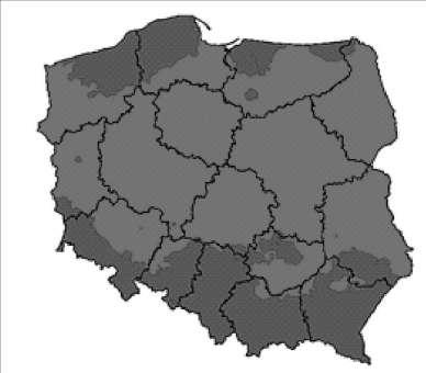 Rys. 1. Regiony klimatyczne Polski według klasyfikacji IPCC (klimat umiarkowany: suchy - kolor jasnoszary, wilgotny - kolor ciemnoszary) Źródło: Faber i in.