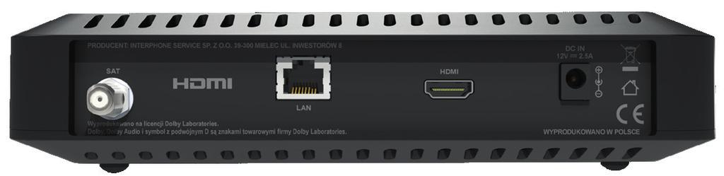 PANEL TYLNY 1 2 3 4 1. SAT wejście do podłączenia sygnału z anteny satelitarnej 2. LAN (Ethernet) przewodowe podłączenie do sieci lokalnej, np.