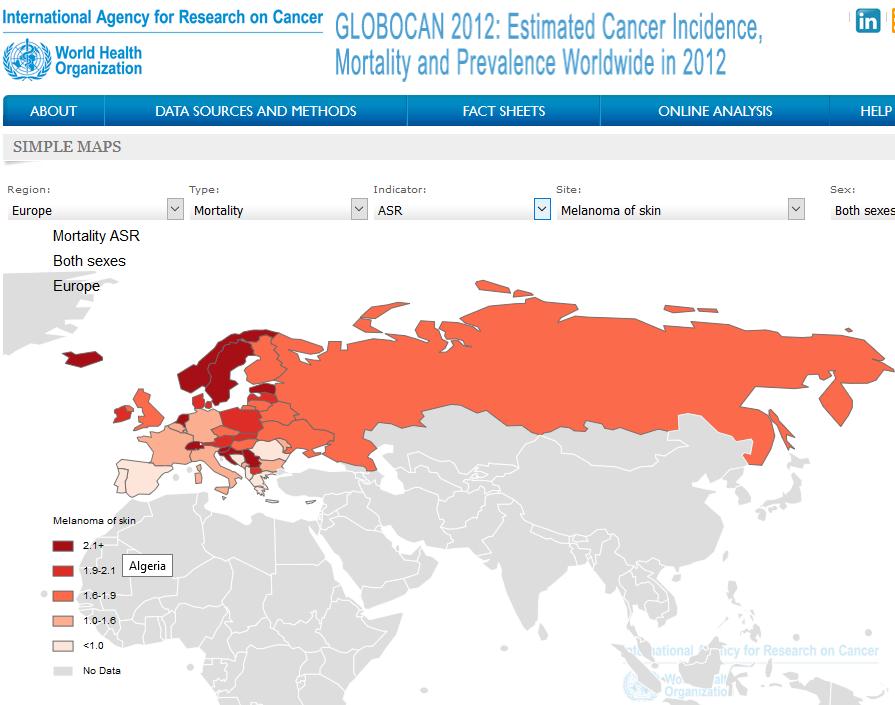 Mapa 2. Umieralność z powodu czerniaka w Europie. Źródło: www.globocan.iarc.