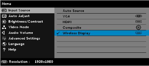 Konfigurowanie adaptera wyświetlania bezprzewodowego 1 Włączanie projektora. 2 Przełącz na źródło Wireless Display (Wyświetlacz bezprzewodowy).