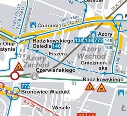 Najbliższe przystanki komunikacji miejskiej znajdują się przy ul. Radzikowskiego, ul. J. Conrada, pętla autobusowa znajduje się przy ul. Wojciecha Weissa. Źródło: http://kmkrakow.atlaskolejowy.