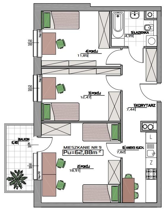 Mieszkanie nr 4 na parterze z ogródkiem (62,88m 2 ) 3 pokoje z aneksem kuchennym 335 808zł brutto; Mieszkanie nr 9 na 1 piętrze (62,88m2)