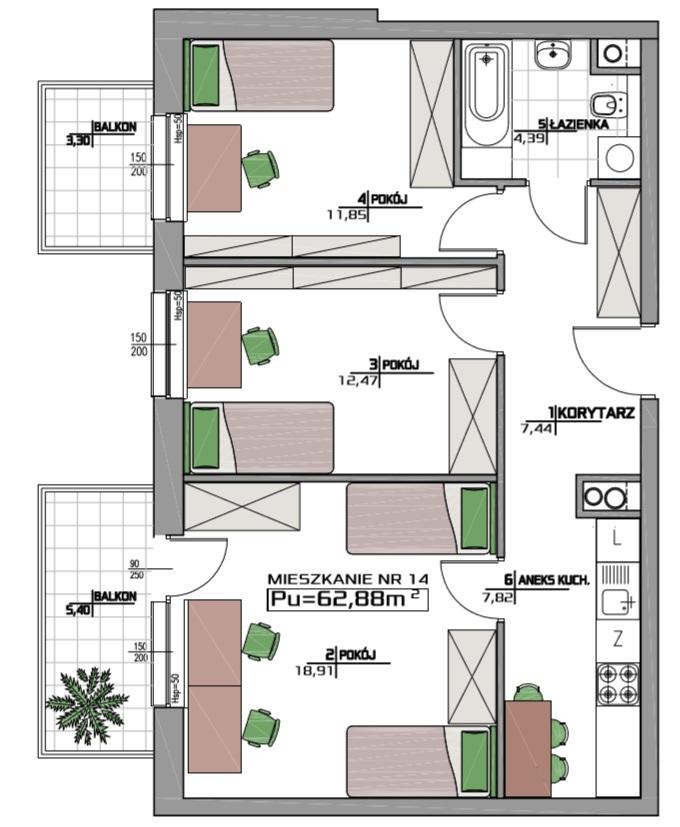 Mieszkanie nr 29 na 5 piętrze (62,88m2) 3 pokoje z aneksem kuchennym 361 152zł brutto; Mieszkanie nr 14 na 2 piętrze (62,88m2) 3 pokoje z