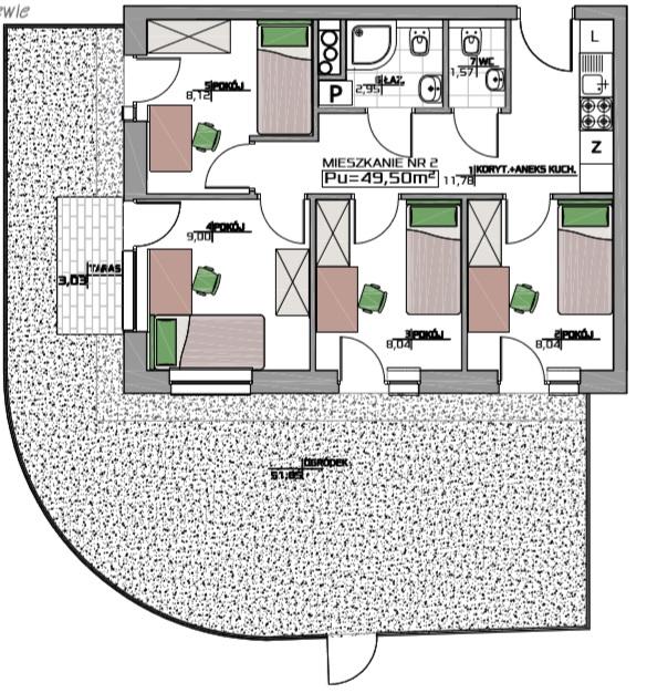 Mieszkanie nr 2 na parterze z ogródkiem (49,50m 2 ) 4 pokoje z