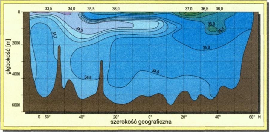 W pionowym rozkładzie zasolenia: do głębokości 400 m występuje wyraźna korelacja z zasoleniem wód powierzchniowych, poniżej głębokości 400 m zasolenie waha się