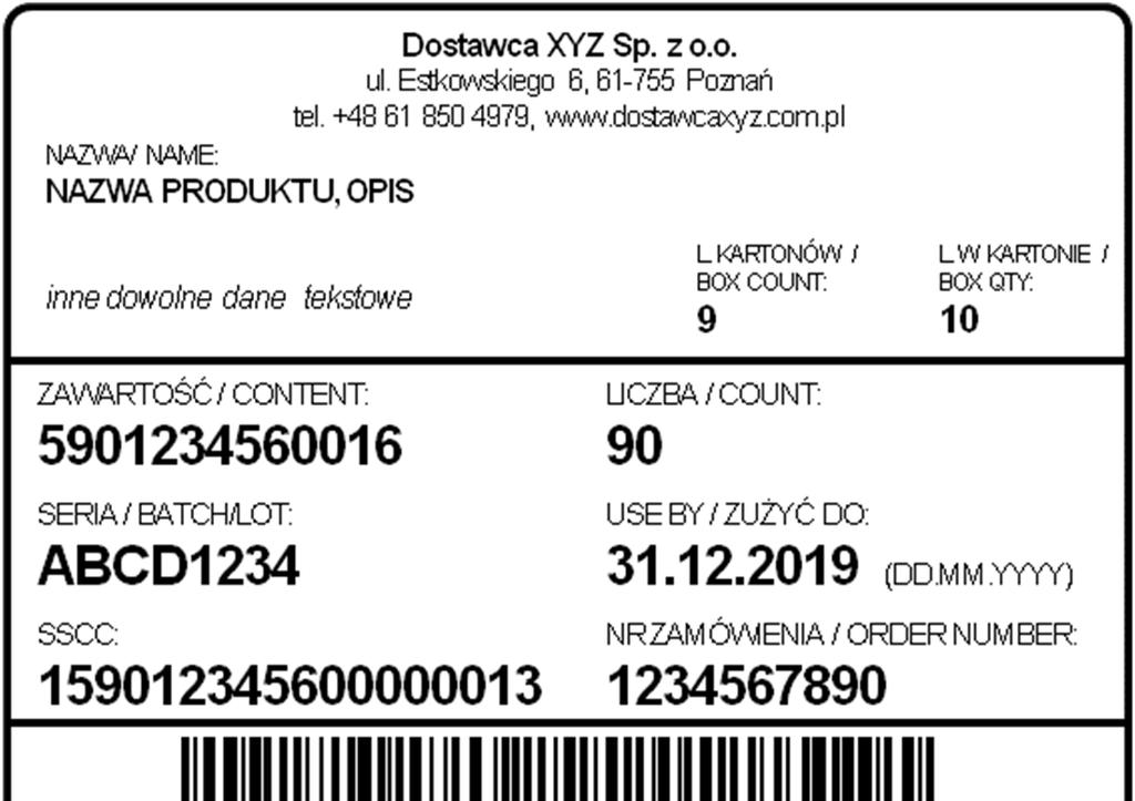 Etykieta logistyczna GS1 dla JMDiF COUNT / LICZBA, np. 90 liczba jednostek sprzedażowych (sztuk), dane zmienne w zależności od rzeczywistej ilości, BATCH/LOT / SERIA, np.