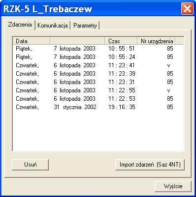 rys 3.2.4 3.3 Praca z rejestratorem Po uruchomieniu okna pracy z rejestratorem, mamy do wyboru trzy zakładki: Zdrzenia, Komunikacja, Parametry 3.3.1 Zdarzenia W zakładce Zdarzenia (rys 3.2.4) pojawia nam się informacja o zapisanych na komputerze zakłóceniach ściągniętych z rejestratora, które można przeglądać i analizować przeglądarką dostępną w oprogramowaniu Saz 2000.