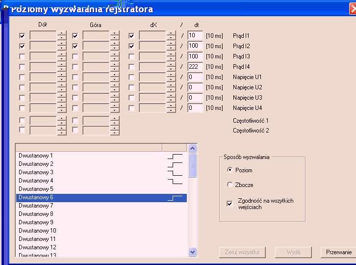 zmiana wartości sygnałów analogowych poniżej lub powyżej nastawionej wartości, zmiana dv/dt w zależności od