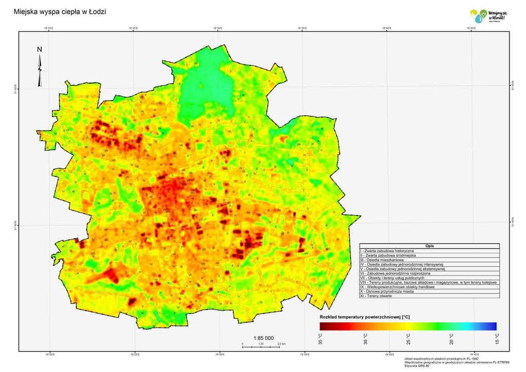 Rysunek 2 Powierzchniowa miejska wyspa ciepła na obszarze Łodzi Warunki pluwialne miasta Łódź dzięki swemu położeniu na skłonie powierzchni wyżynnej, eksponowanej na dominujące wiatry sektora