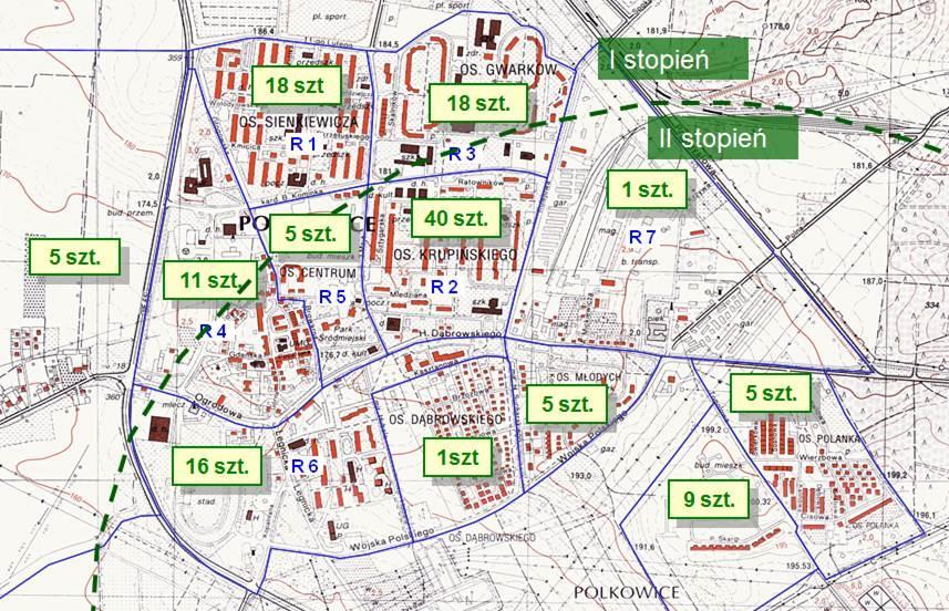 M. LASKOWSKI, Z. SAMOKAR, J. WRÓBEL Wpływ zjawisk dynamicznych o charakterze Rys. 3.10. Ilościowy wymiar zgłoszonych uszkodzeń z podziałem na rejony. Fig. 3.10. Quantitative assessment of reported damages with zones distribution.