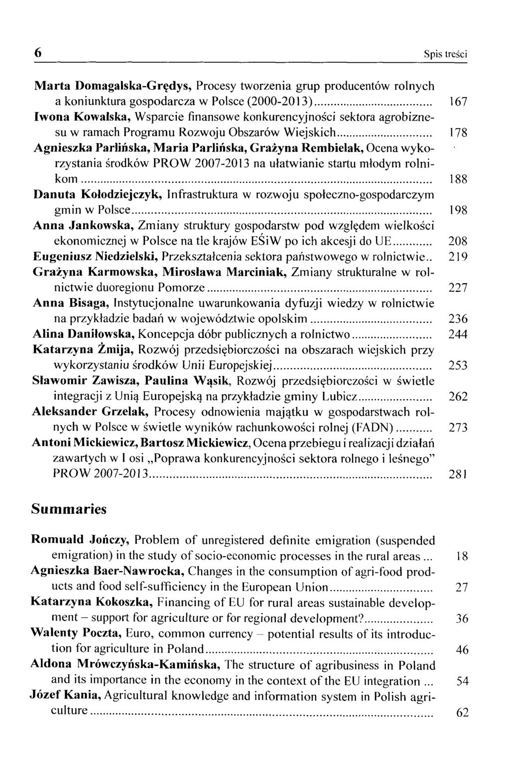 6 Spis tresci Marta Domagalska-Gr^dys, Procesy tworzenia grup producentöw rolnych a koniunktura gospodarcza w Polsce (2000-2013) 167 Iwona Kowalska, Wsparcie finansowe konkurencyjnosci sektora